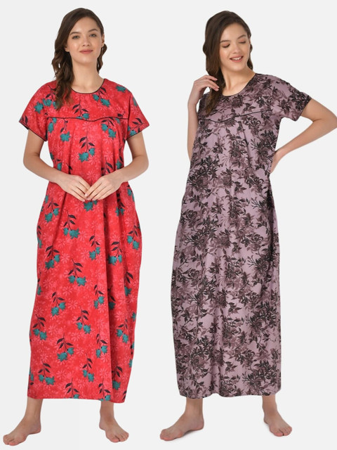 

Klamotten Pack of 2 Red Printed Pure Cotton Maxi Nightdress