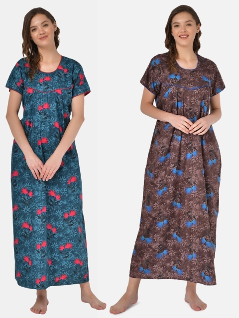 

Klamotten Pack of 2 Printed Pure Cotton Maxi Nightdress, Teal