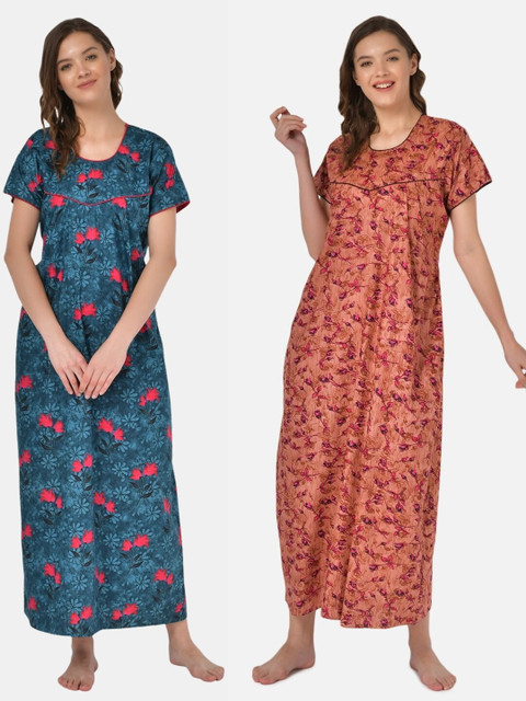 

Klamotten Pack of 2 Printed Pure Cotton Maxi Nightdress, Brown