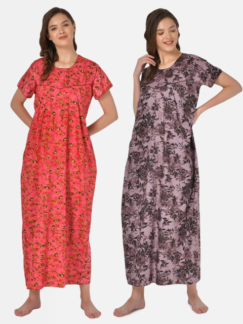 

Klamotten Pack of 2 Printed Pure Cotton Maxi Nightdress, Pink