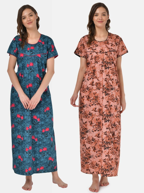 

Klamotten Pack of 2 Printed Pure Cotton Maxi Nightdress, Teal