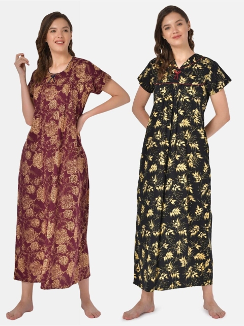 

Klamotten Pack-2 Women Maroon Printed Maxi Nightdress