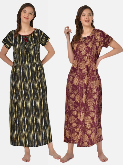 

Klamotten Pack-2 Women Black Printed Maxi Nightdress