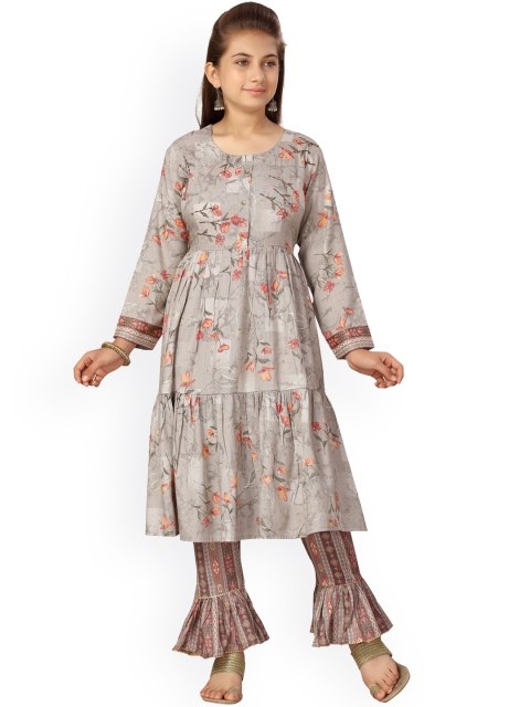 

Aarika Girls Grey Floral Printed Pleated Pure Cotton Kurti with Trousers