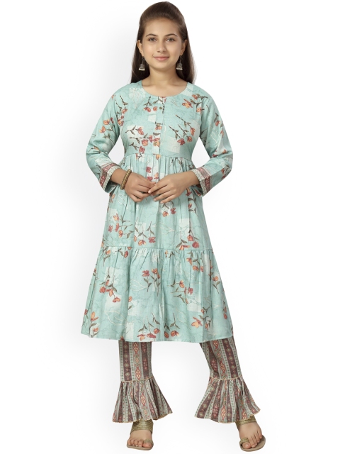 

Aarika Girls Turquoise Blue Floral Printed Layered Pure Cotton Kurti with Trousers