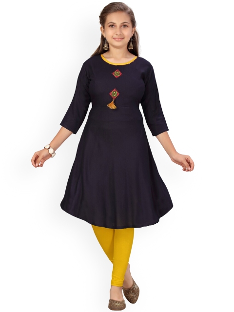 

Aarika Girls Navy Blue Flared Pure Cotton Kurta with Churidar