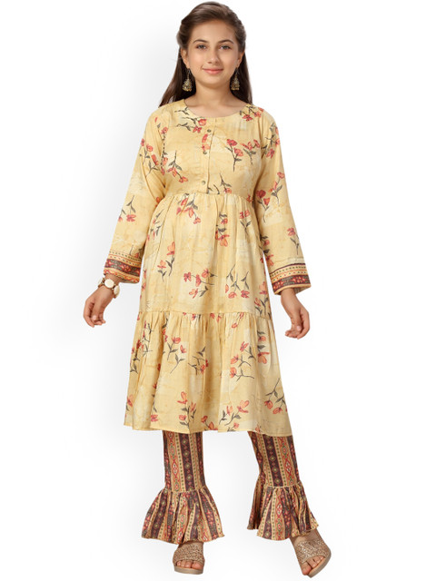 

Aarika Girls Yellow Flared Printed Pure Cotton Kurti with Trousers