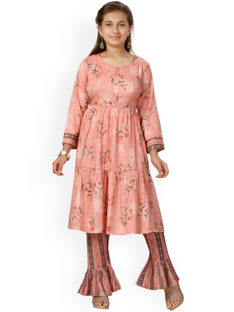 

Aarika Girls Peach Floral Printed Pleated Pure Cotton Kurti with Sharara