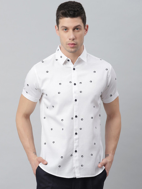 

Dennis Lingo Men White Comfort Slim Fit Opaque Printed Casual Cotton Shirt