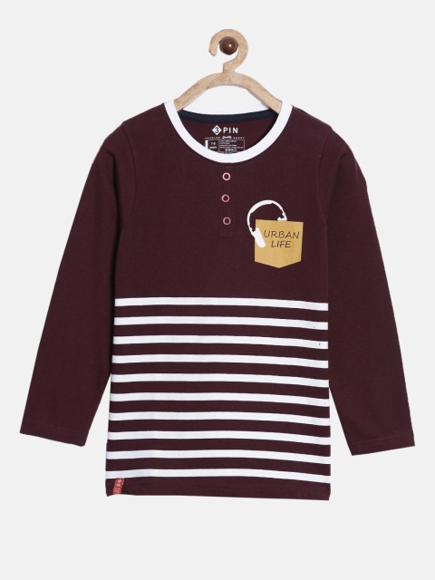 

3PIN Boys Maroon & White Striped Henley Neck T-shirt
