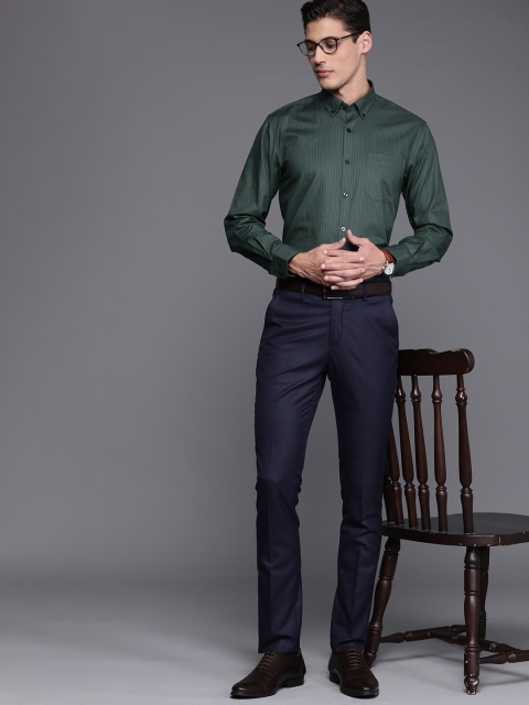 

Louis Philippe Men Green & Blue Slim Fit Striped Formal Shirt, Olive