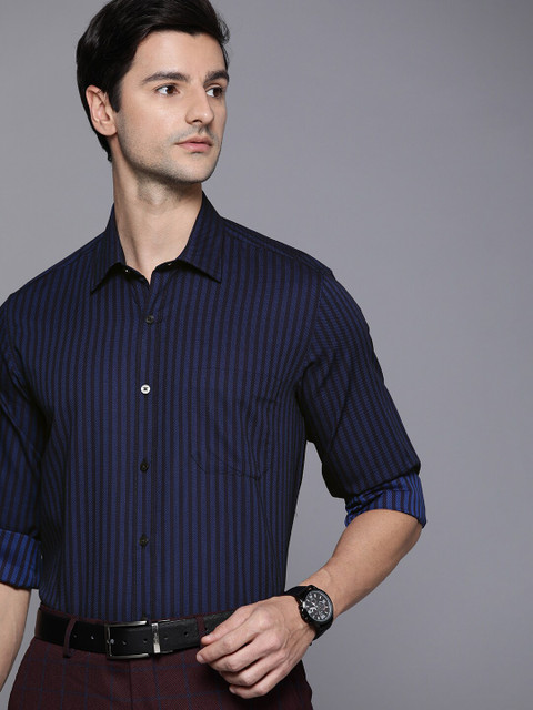

Louis Philippe Men Blue Slim Fit Opaque Striped Pure Cotton Formal Shirt