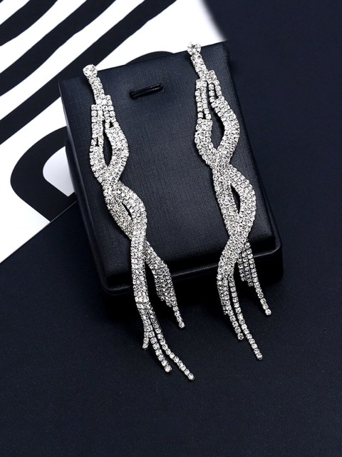 

Yellow Chimes Silver-Toned Studded Rhinestone Crystal Long Chain Dangler Earrings