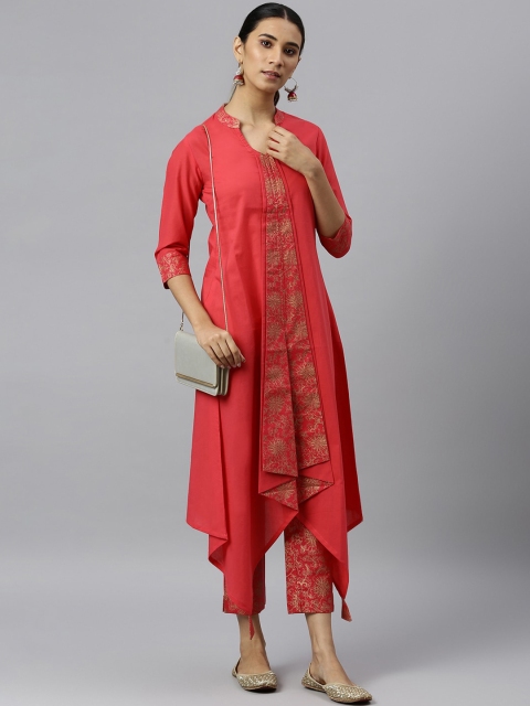 

Khushal K Women Coral & Gold-Coloured Floral Printed Pure Cotton Kurta with Trousers