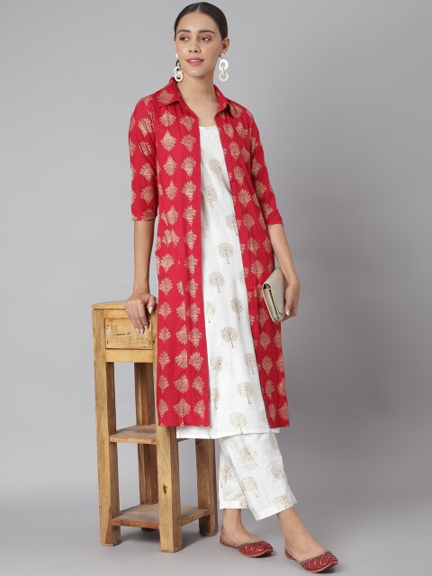 

Khushal K Women White Ethnic Motifs Printed Regular Kurta with Palazzos & Jacket