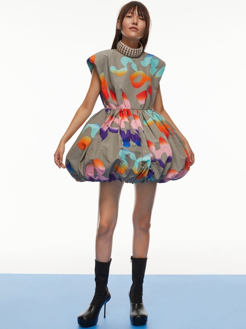 

H&M Women Beige Printed Balloon-Skirt Dress
