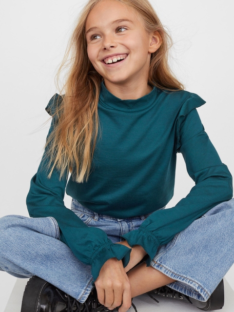 

H&M Girls Green Flounce-Trimmed Jersey Blouse