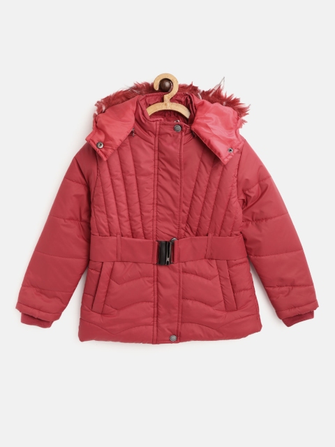 

Fort Collins Girls Red Solid Hooded Parka Jacket with Belt