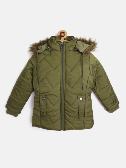 

Fort Collins Girls Olive Green Solid Detachable Hood Parka Jacket