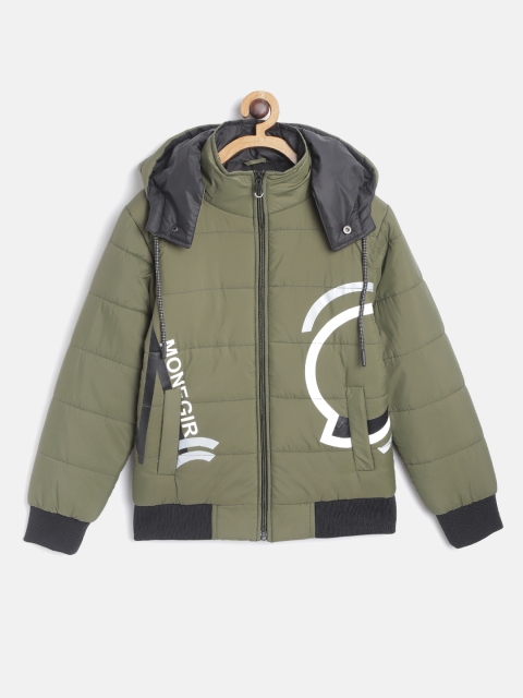 

Fort Collins Boys Olive Green & White Printed Hooded Bomber Jacket