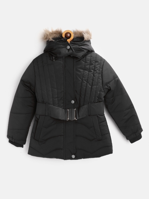 

Fort Collins Girls Black Solid Hooded Parka Jacket with Belt