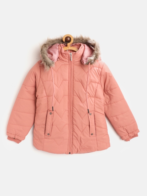 

Fort Collins Girls Peach-Coloured Solid Hooded Parka Jacket