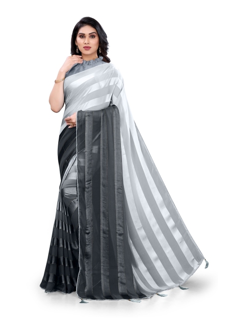 

MIRCHI FASHION Grey & Black Striped Beads and Stones Saree