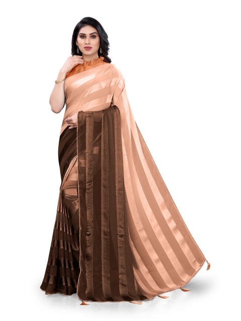 

MIRCHI FASHION Peach-Coloured & Brown Striped Saree