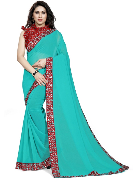 

MIRCHI FASHION Teal Green & Red Saree