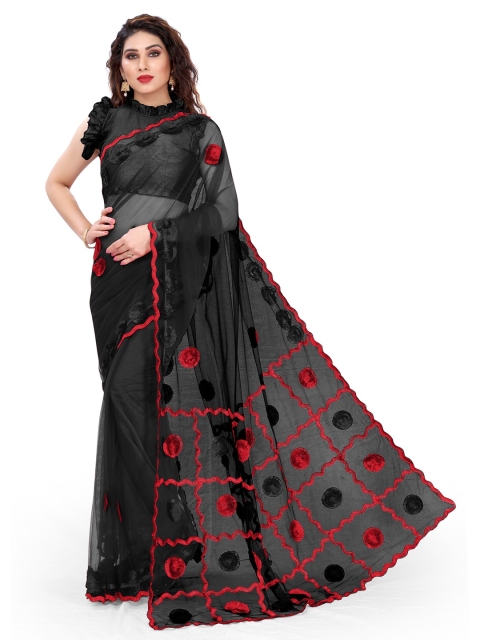 

MIRCHI FASHION Black & Red Floral Net Saree