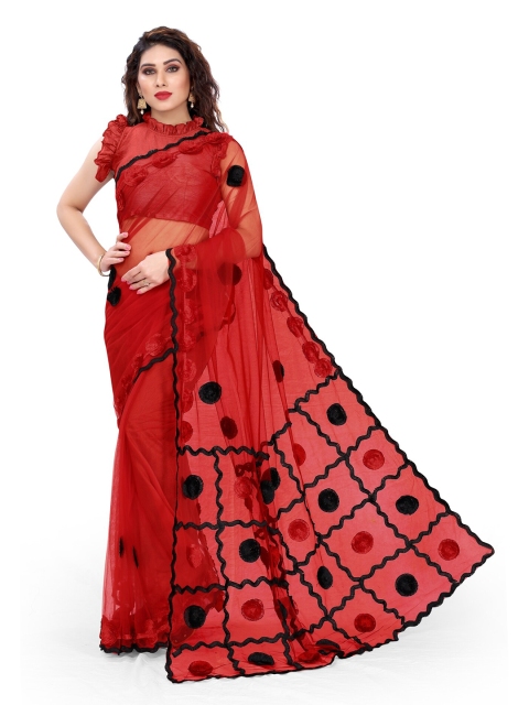 

MIRCHI FASHION Red & Black Floral Net Saree