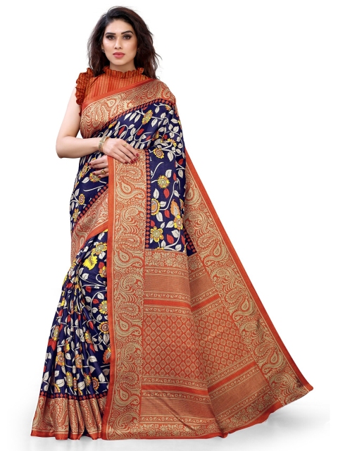 

KALINI Navy Blue & Orange Floral Art Silk Bagh Saree