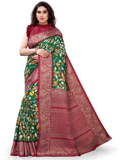 

KALINI Green & Magenta Floral Art Silk Bagh Saree