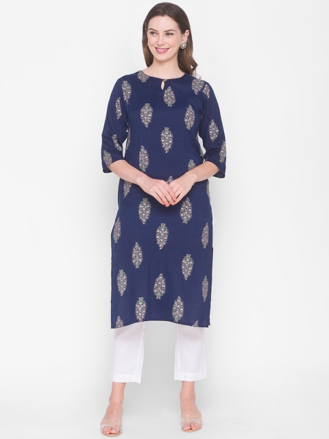 

ZOLA Women Navy Blue & Beige Ethnic Motifs Printed Keyhole Neck Kurta