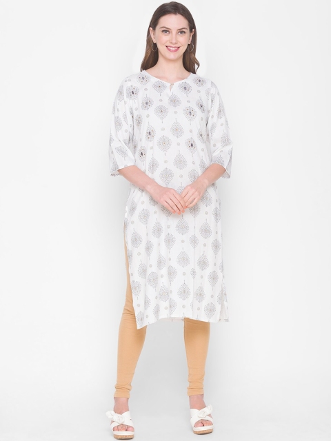 

ZOLA Women Off White & Grey Ethnic Motifs Printed Keyhole Neck Kurta