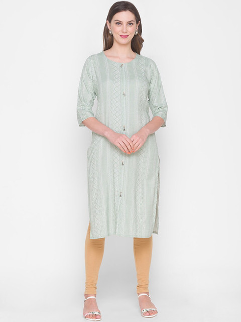 

ZOLA Women Green & Off White Geometric Printed Kurta