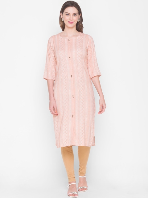 

ZOLA Women Peach-Coloured & White Geometric Printed Kurta