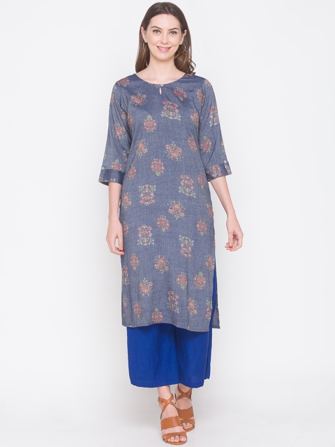 

ZOLA Women Grey & Blue Floral Printed Keyhole Neck Kurta