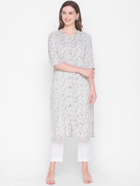 

ZOLA Women Grey & Off White Geometric Printed Keyhole Neck Kurta