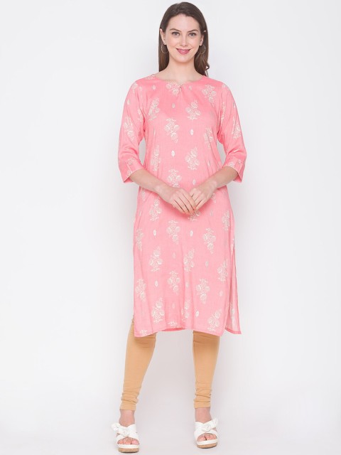 

ZOLA Women Pink & Off White Floral Printed Keyhole Neck Kurta