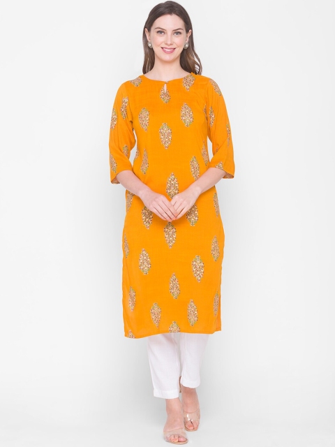 

ZOLA Women Mustard Yellow & Red Ethnic Motifs Printed Keyhole Neck Kurta