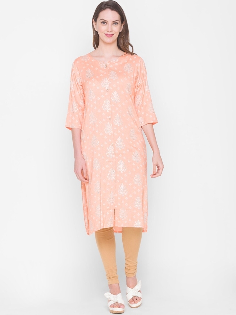

ZOLA Women Peach-Coloured & Silver-Toned Ethnic Motifs Printed Kurta