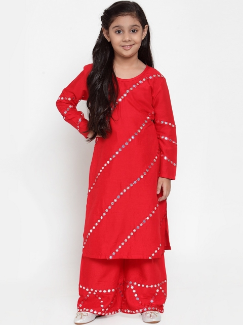 

KYDZI Girls Red Angrakha Mirror Work Kurti with Palazzos