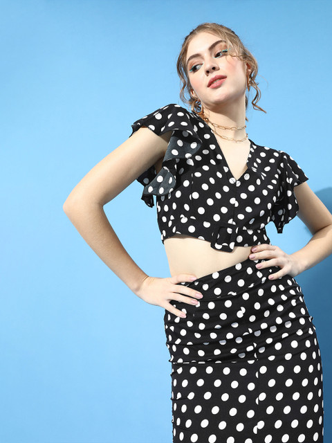 

STALK Women Stylish Black Printed Top with Printed Skirt