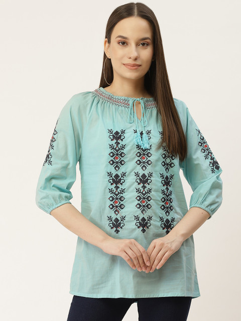 

urSense Sea Green Keyhole Neck Regular Top
