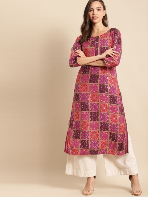 

RANGMAYEE Women Pink & Purple Bandhani Printed Gotta Patti Liva Kurta