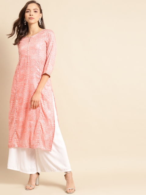 

RANGMAYEE Women Pink & White Ethnic Motifs Printed Gotta Patti Liva Kurta