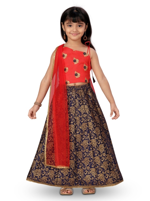 

Aarika Girls Red & Navy Blue Embroidered Ready to Wear Lehenga & Blouse With Dupatta