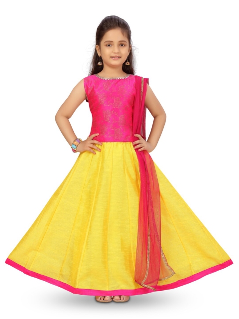 

Aarika Girls Pink & Yellow Printed Ready to Wear Lehenga & Blouse With Dupatta