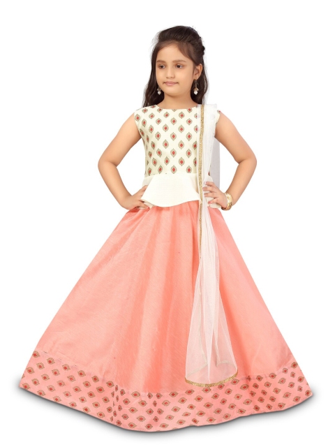

Aarika Girls Off White & Pink Printed Ready to Wear Lehenga & Blouse With Dupatta